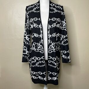 KASPER Duster Cardigan Sweater Black & White Silver Shimmer Open Front Small